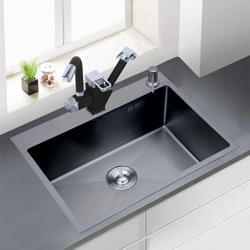 Kitchen sink black technology 304 stainless steel simple manual sink sink sink basket and sewer pipe free delivery