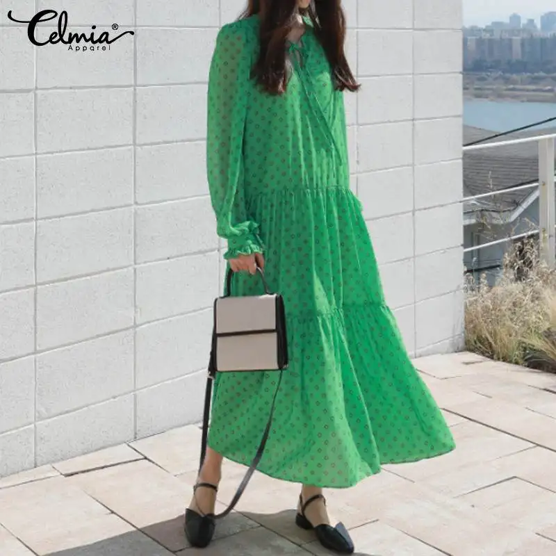 

Celmia Women Holiday Dress 2019 Fashion Print Maxi Long Dress Causal Loose Autumn Lantern Sleeve Pleated Party Vestido Plus Size