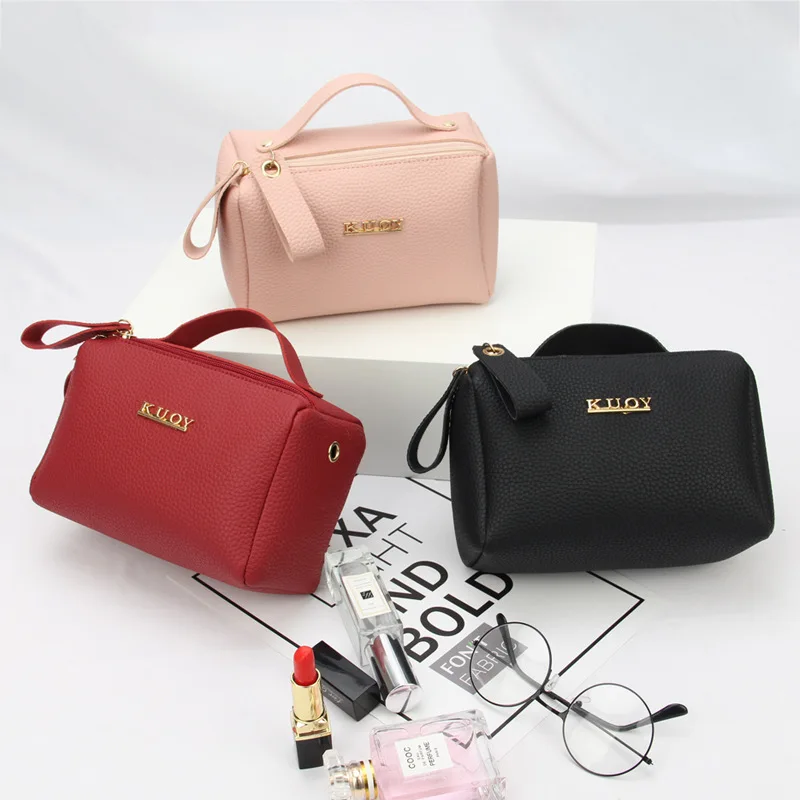 

2019 The New Simple Solid Color Lady Accepts Makeup Bag PU One Shoulder Bag Waterproof and Convenient Handbag Wash Bag
