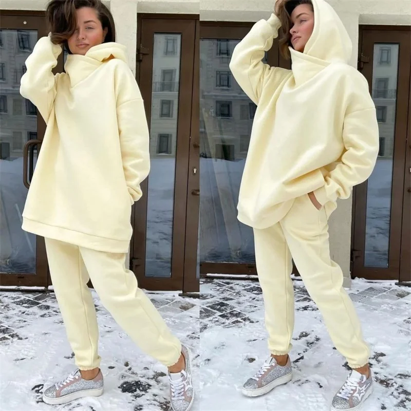 plus size sweat suits Women Autumn Winter Turtleneck Hooded Sweatshirts Jogger Pants Two Piece Set Casual Oversized Sports Suit Thick Fleece Tracksuit white pant suit