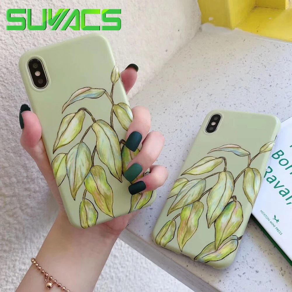 

SUYACS Green Watercolor Leaves Pattern Case For iPhone XS MAX XR X 6 6S 7 8 Plus IMD Soft Matte Phone Back Cover Case Coque Gift