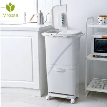 

Kitchen Press Trash Can Sorting Trash Bin Household Dry And Wet Separation Waste Bin Pedal Classification Rubbish Bin with wheel