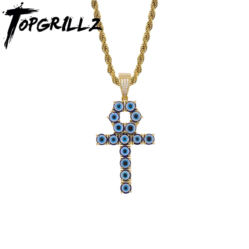 TOPGRILLZ новейший ледяной Циркон турецкий голубой глаз Ankh крест кулон Медь CZ