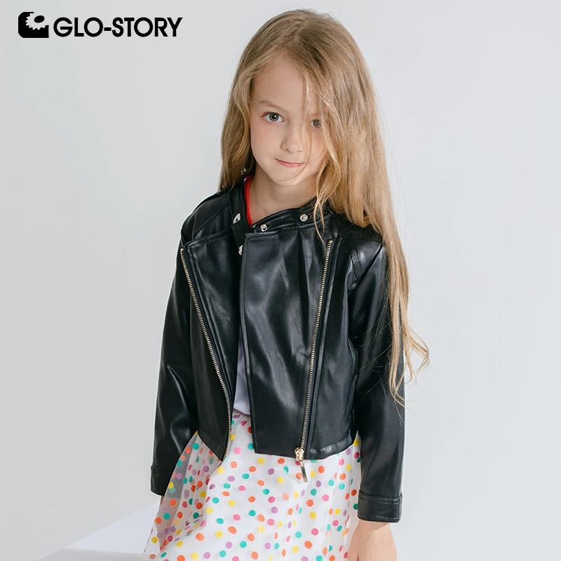 

GLO-STORY 2019 Autumn Streetwear Kids Leather Jacket Zipper Stand Collar Little Girl Clothes Winter Jacket Girls Coat