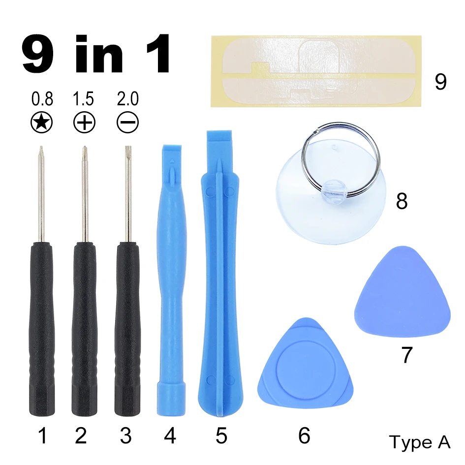 

9 in 1 Opening Tools Kit Pry tool with 0.8 Pentalobe Phillips Screwdriver FOR 4 4G 4S 5 5G 5S 6 Plus 6s 2000sets