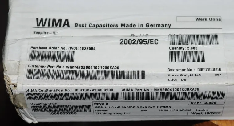 2 шт. Германия WIMA MKS2 с алюминиевой крышкой, 50В 1 мкФ 105 1,0 мкФ Плавная пленочный конденсатор
