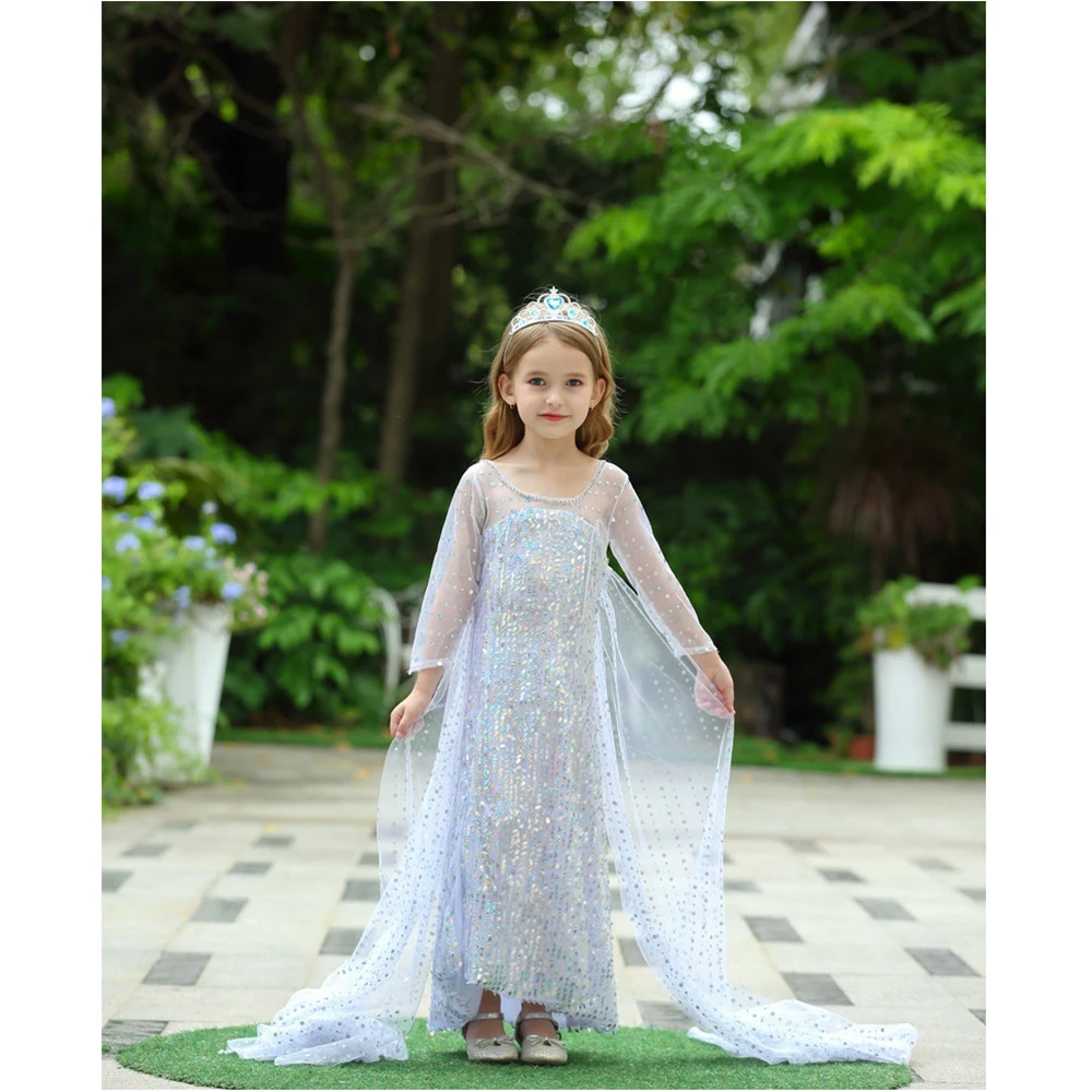 Birthday Party Girls Princess Elsa Dress Summer Toddler Girl Long Sleeve Blue Dresses with Long Tail Sequins Elegant Ball Gowns