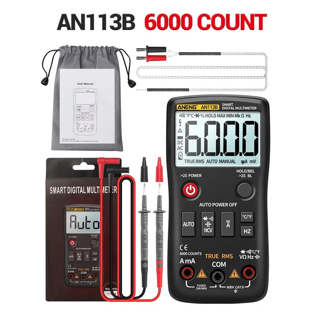 

ANENG 113B 6000 Counts Digital Multimeter True RMS With Temperature Tester Auto-Ranging AC/DC Transistor Voltage Meter