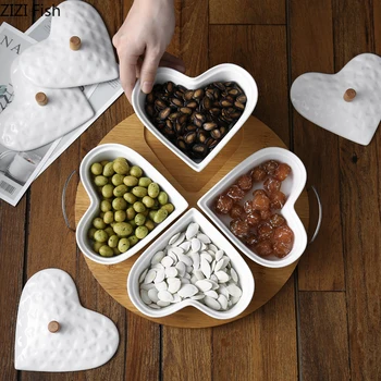 

White Ceramics Fruit Platter with Bamboo Base and Lid Snacks Desserts Plate Creative Home Desktop Decoration Platter