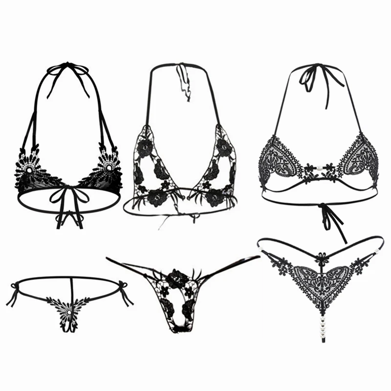 

Sexy Lace Bra Set Transparent Push Up Slim Bralette Crothless Thong Women Erotic Lingerie Wire Free Underwear Bra And Brief Set