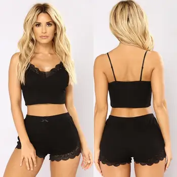 

2019 New Modal V-Neck Lace Sleepwear Bow Camisole Shorts Set Black Conjunto Pijamas Novos Nuevo Conjunto Pijamas Y