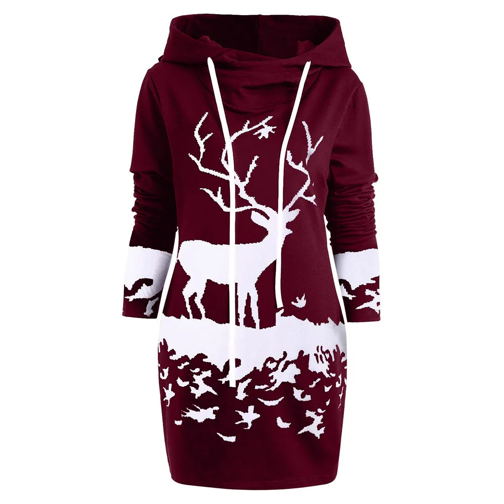 

SAGACE Women Christmas Monochrome Reindeer Printed Hooded Drawstring Mini Dress Winter Polyester Princess Dress travel August 22