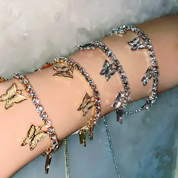 

Trendy New Crystal Tennis Chain Bracelet For Women Gold Silver Color Metal Butterfly Pendant Bracelet 2020 Jewelry Party Gift