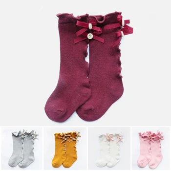 

Baby Girl Bow Wood Ear Sock Baby Socks Knee High Toddler Cotton Knee Tube Baby Girls Lace Children Socks Girl Leg Warms