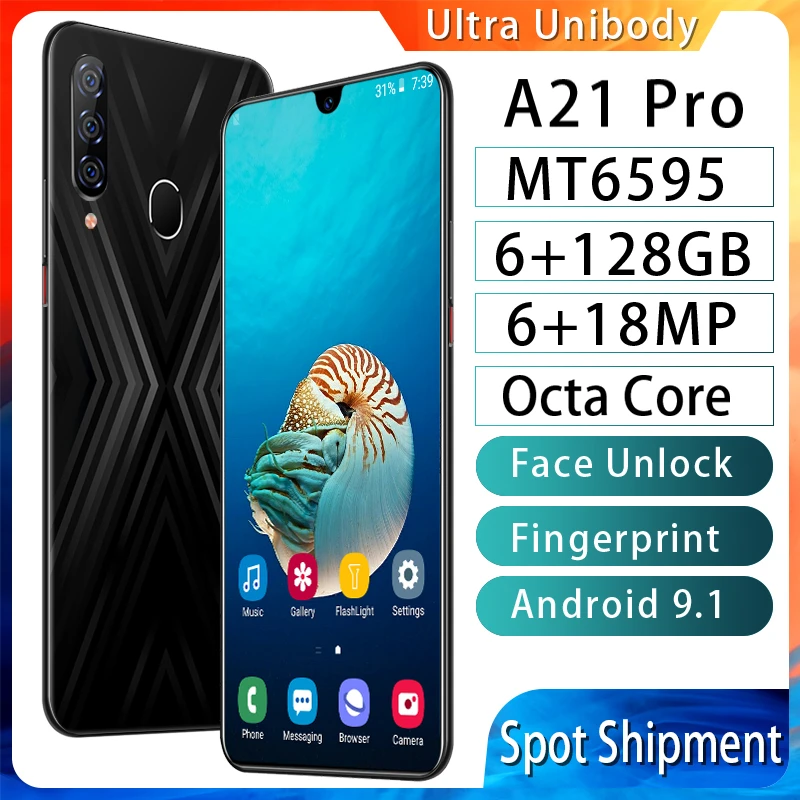 Cheap phone A21pro Mobile phone 6.3 inch Water Drop Screen 4G Cellphone 6GB+128GB Smartphone 6MP+18MP Unlocked smartphone