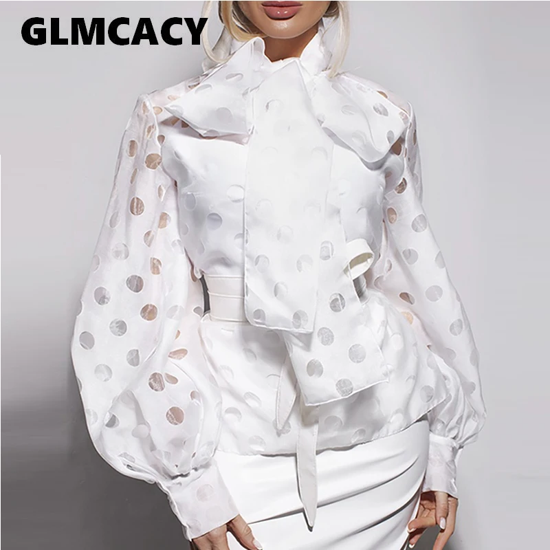  Women Bow Neck Dot Printed Puff Sleeve Blouse Chic Casual Office Lady Puff Sleeve Street Wear Top E