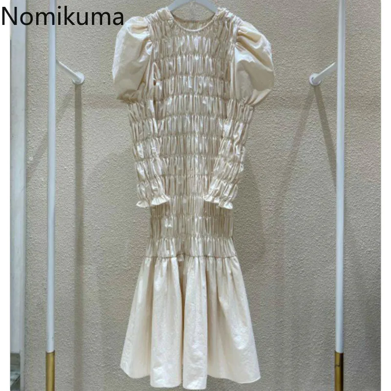 Nomikuma осеннее новое модное платье Плиссированное тонкое с пышными рукавами до