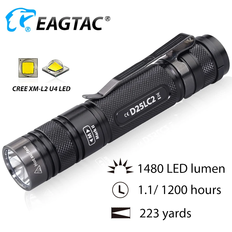 EAGTAC D25LC2 XM-L2 1480LM Super Powerful Flashlight Tactical Torch Portable Lamp Compact Lantern