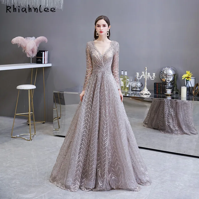 

Dubai Long Sleeve Beach Evening Dresses Sexy V Neckline Lace Beaded Evening Gowns 2020 Long A Line Formal Dress