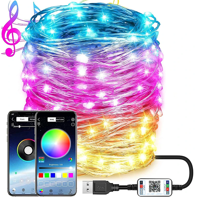 thumbnail image 1 of Cadena de luces LED inteligentes con Bluetooth para Navidad 2025, control por aplicación para exteriores, luces de hadas impermeables para decoración de dormitorio de Año Nuevo, 1 of 5