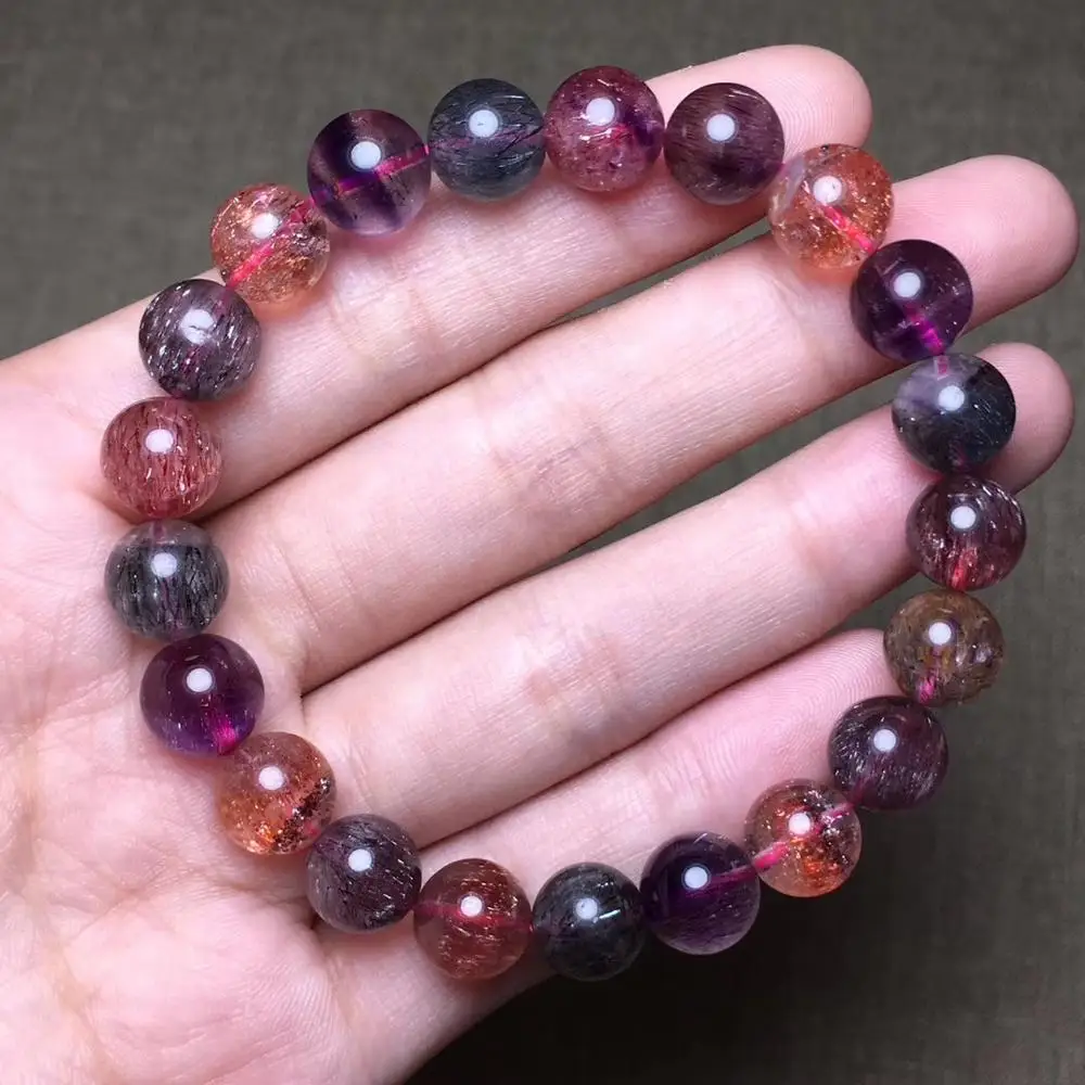 

Natural Lepidocrocite Quartz Super Seven 7 Colorful Rutilated Crystal 12mm Clear Round Beads Bracelet Women AAAAAA Certificate