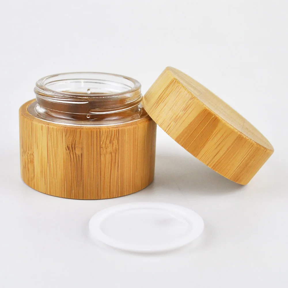

Environmental bamboo cover glass inner cosmetic packaging glass jar 30g 50g face cream bamboo wooden cosmetic round packaging