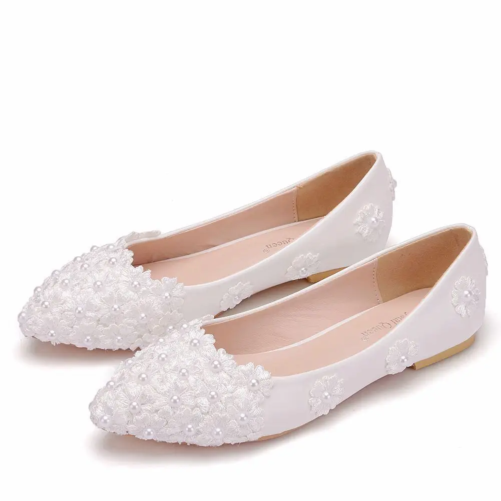 Crystal Queen Ballet Flats White Pearl Lace Wedding Shoes Heel Casual Pointed Toe Princess