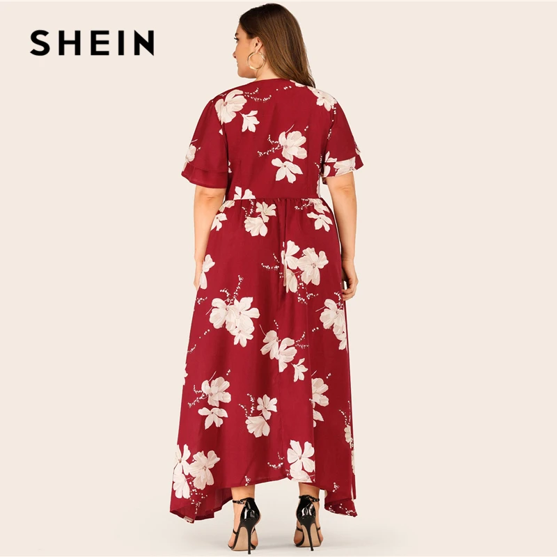 SHEIN Плюс Размер большое Цветочное платье с многослойным рукавом Макси женское летнее осеннее платье с v-образным вырезом с высокой талией и расклешенными повседневными платьями