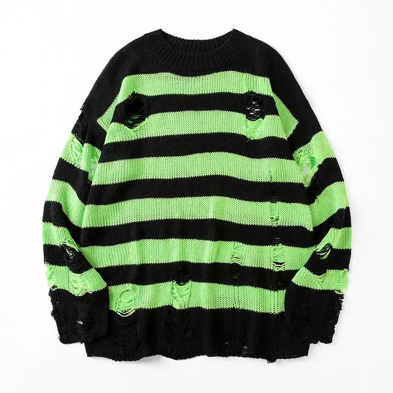 Black Stripe Sweaters Destroyed Ripped Sweater Men Pullover Hole Knit Jumpers Men Oversized Sweatshirt Harajuku Long Sleeve Tops 3