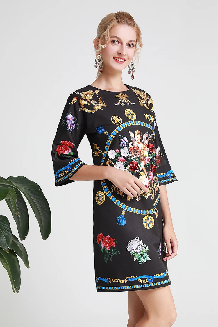 VERDEJULIAY подиумное прямое платье осеннее Новое Цветочное платье с принтом ангела роскошное Бисероплетение с блестками элегантное 3/4 Расклешенное мини-платье