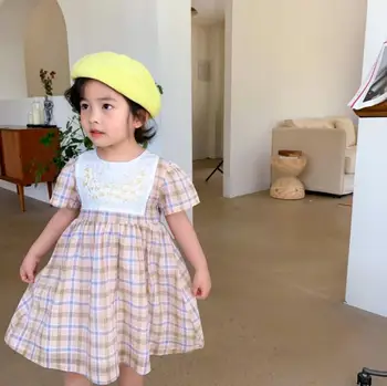 

2020 Vintage Baby Girls Embroidery Plaid Dress Cotton Summer Fashion Kids Girls Dresses 1-6 Years