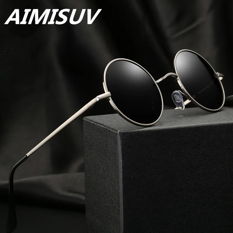 AIMISUV, классические круглые солнцезащитные очки, мужские, фирменный дизайн, черные линзы, поляризационные солнцезащитные очки для мужчин, металлическая оправа, очки для вождения, UV400