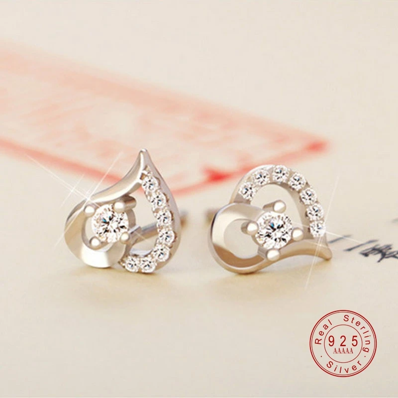 Серебряные серьги из настоящего 925 пробы с кубическим цирконием в форме сердца, ювелирные изделия с кристаллами для девочек, женские серьги для вечеринок, ювелирные изделия