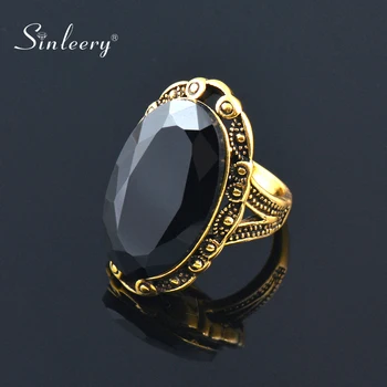 

SINLEERY Vintage Big Black Oval Stone Rings For Women Size 6 7 8 9 10 Antique Gold Color Jewelry Anel JZ516 SSC