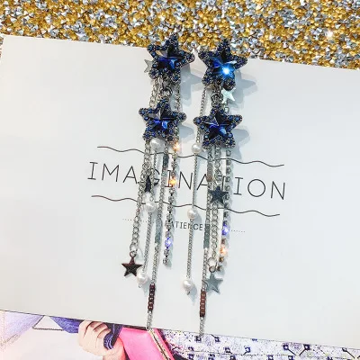 Korean Style Shiny Star Drop Earrings for Women New Bijoux Long Tassel Blue Crystal Dangle Jewelry Accessories |