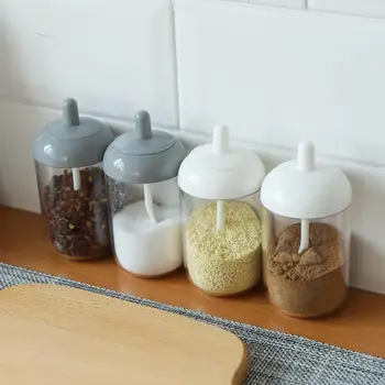 

1pcs moisture-proof Spice Container transparent Spice Salt Pepper condiment bottle Seasoning Jar Can Condiment pot with spoon