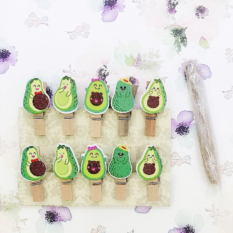 10 unids/lote Aguacate verde Clip de madera con cuerda marcador de página de bricolaje decoración Clip