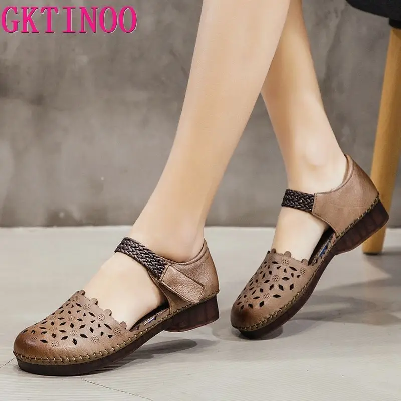 

GKTINOO 2020 New Womens Hook&Loop Flat Sandals Closed Toe Summer Genuine Leather Gladiator Sandals Hollow Out Flats Female Shoes