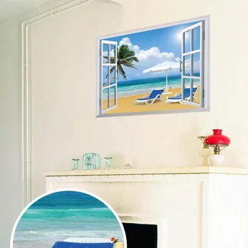 

1PC Fake Window Wall Sticker Creative Waterproof Beach PVC Fake Scenery Decoration Wall Decal Background Decor for Hall Bedroom