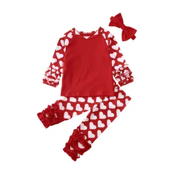 

Spring Long Sleeve Heart Red Ruffle Tops T-Shirt Pants Headband 3PCs Valentine's Day Toddler Infant Baby Girl Clothes Set