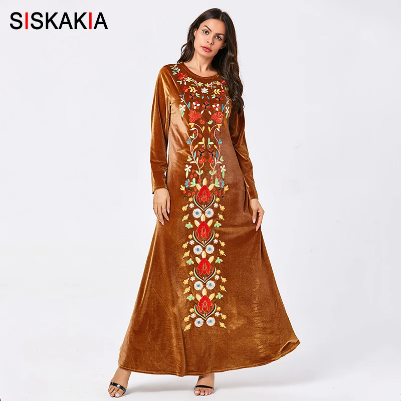Brown dress Siskakia бархат цветочной вышивкой длинное платье элегантное платье с круглым вырезом Платья-макси с длинным рукавом качели арабский зимняя одежда, синего и коричневого цветов, Новинка - Цвет: Brown dress