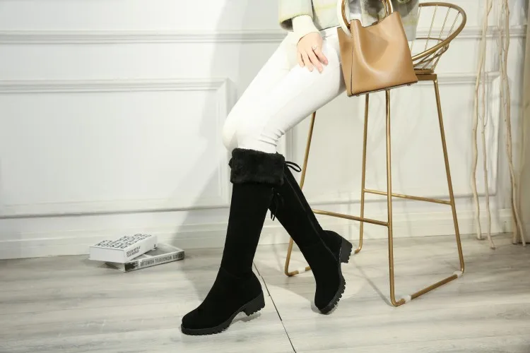 Boots Women Knee High Motorcycle Boots Bow-tied Slip On Martin Boots All Match British Style fashion warm plush Plus Size 44