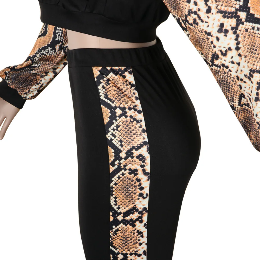 Осенне-зимний женский спортивный костюм с круглым вырезом, топ с длинными рукавами, длинные штаны с леопардовым камуфляжным принтом, повседневный комплект из 2 предметов