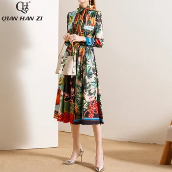 

Qian Han Zi Summer Designer Fashion Women Dress Bow collar vintage pattern Printed elastic waist elegant midi dress