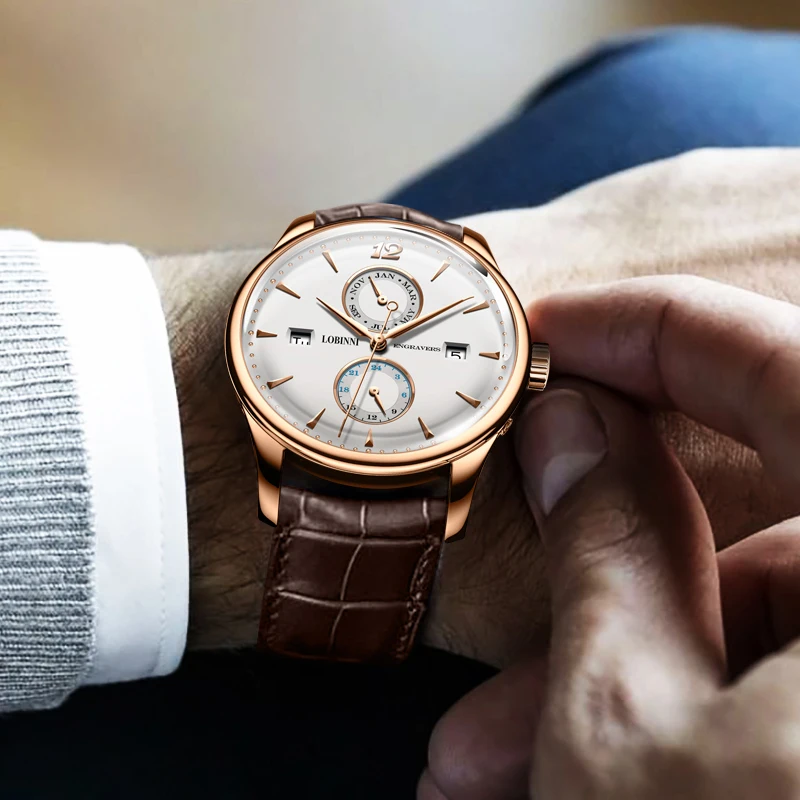 Роскошные брендовые LOBINNI механические часы с автоматическим подзаводом мужские часы со скелетом Кожа 50 м водонепроницаемый календарь даты 24 часа horloges man