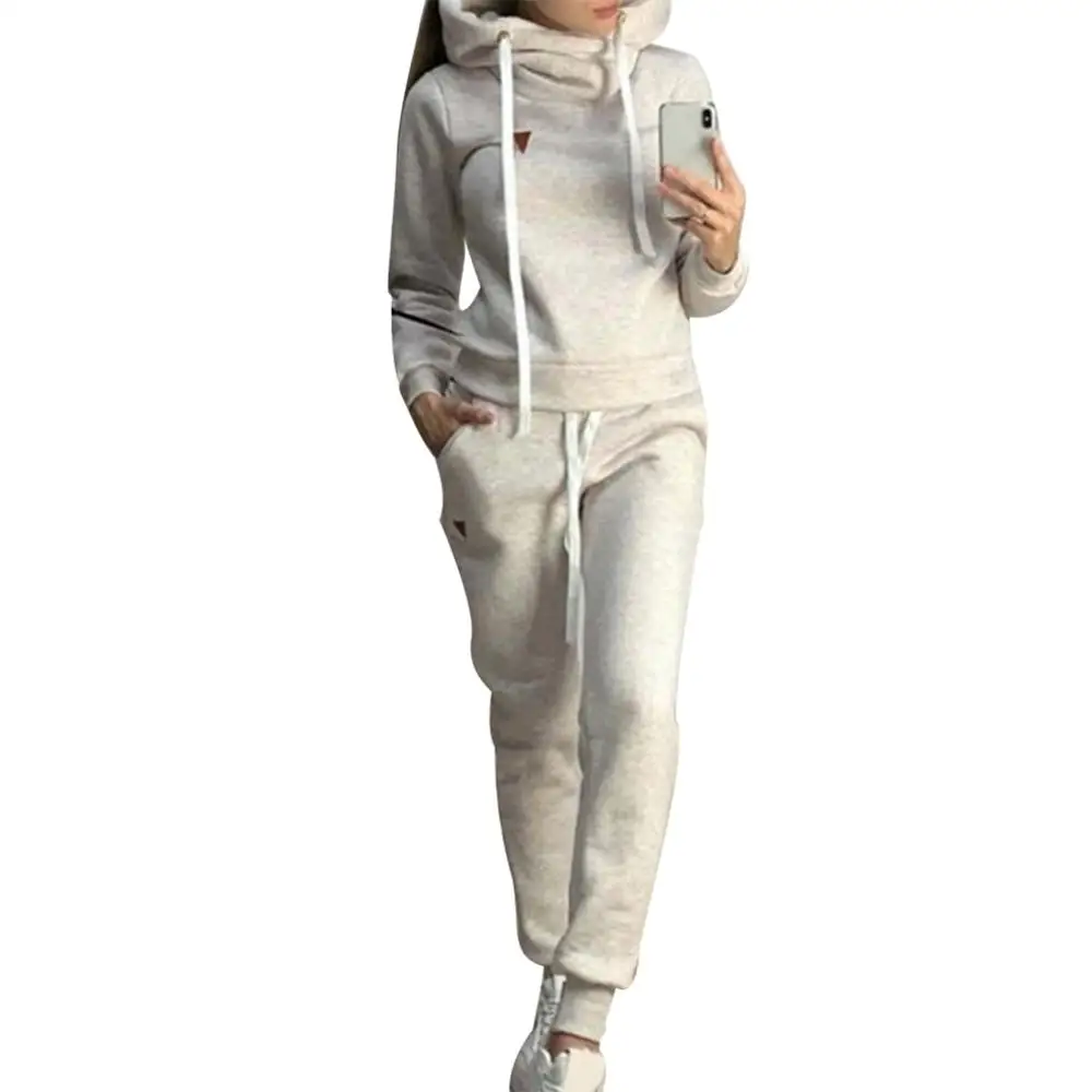 Модный женский костюм из 2 предметов для путешествий, отдыха, бега, Одноцветный флисовый спортивный костюм толстовки с подкладкой, комплект со штанами - Цвет: Light Gray
