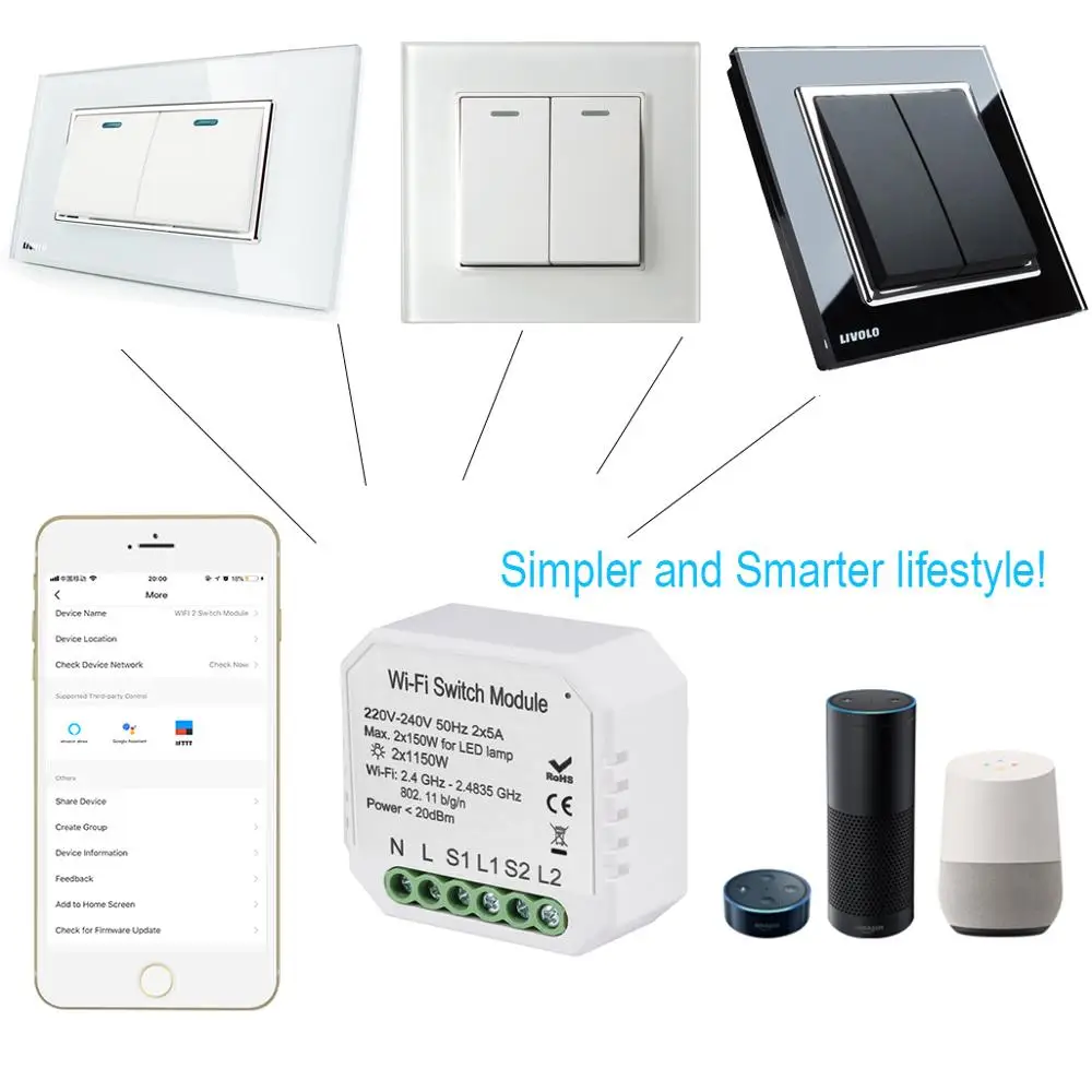Tuya Smart реле Выключатель модуль 2300W Wifi светильник переключатель 2 способ