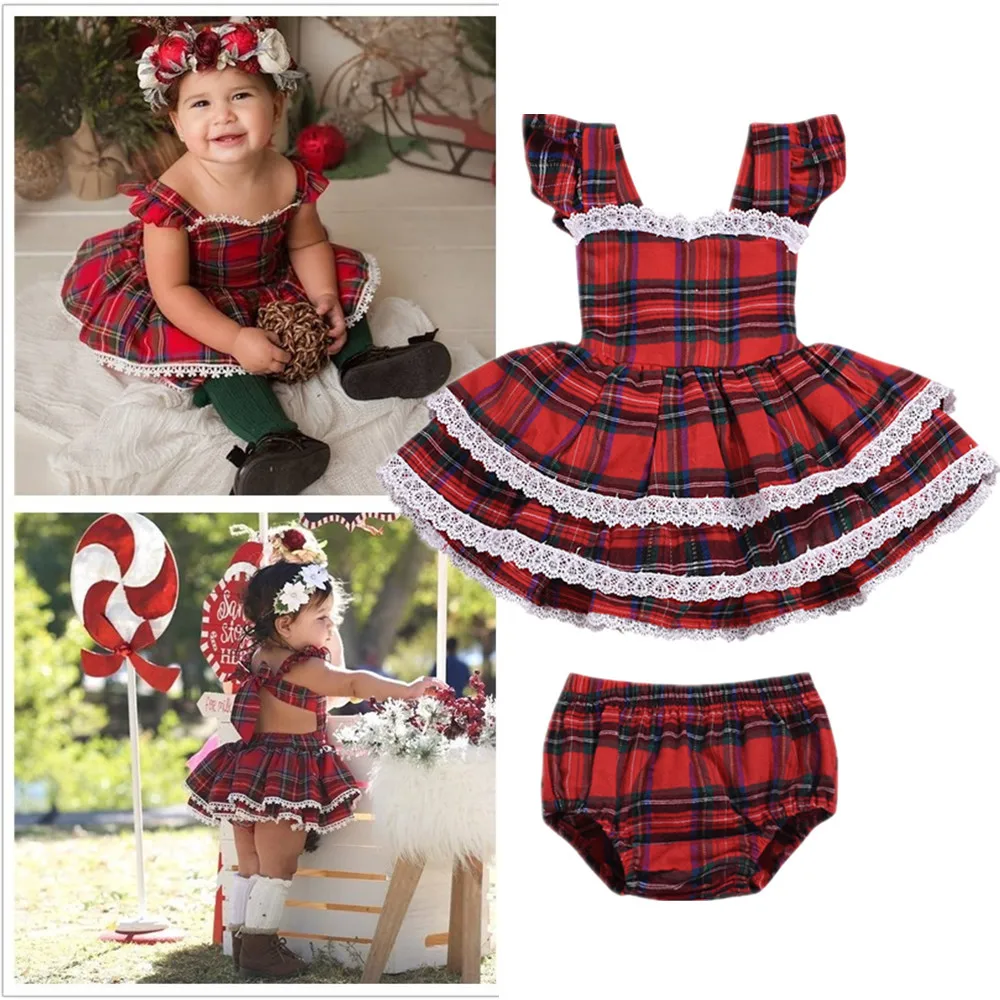 

Red Tartan Plaid Dress and Bloomer Set for Baby Christmas Photo Prop Clothes