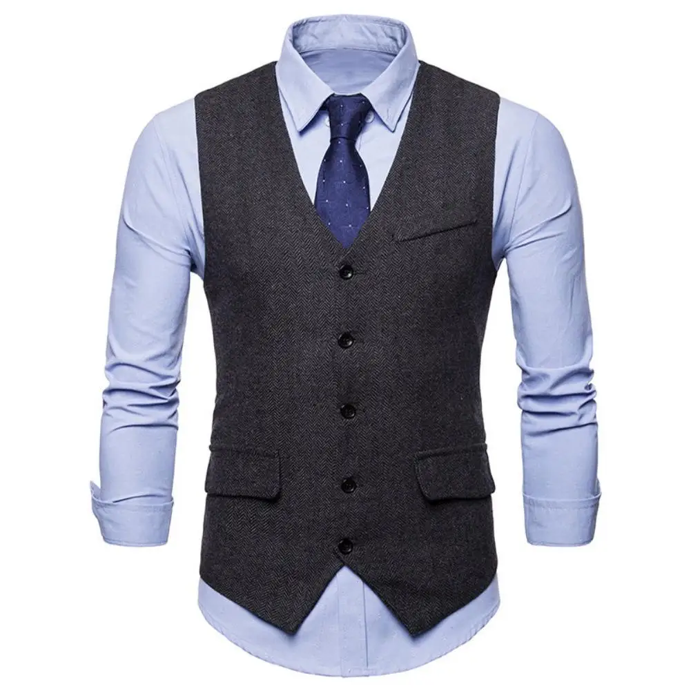 Flash Sale Los hombres chaleco sin mangas de cuello en V Single-breasted de espiga chaleco traje chaqueta chalequillo traje chaleco padrino de negocios oo3KM6adMxw