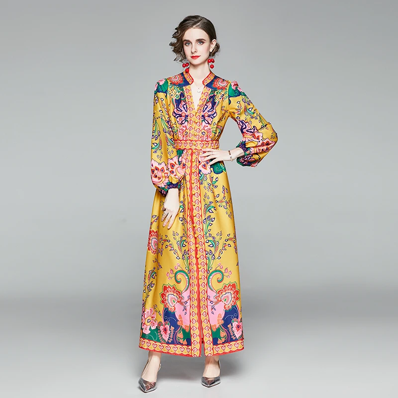 

Fashion Designer Runway 2020 Autumn Long Holiday Dress Women V-Neck Lantern Sleeve Floral Print Vintage Maxi Party Dress